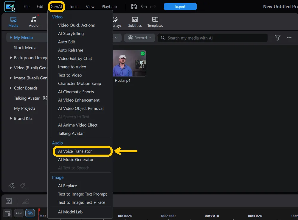 The GenAI menu open with AI Voice Translator highlighted under Audio