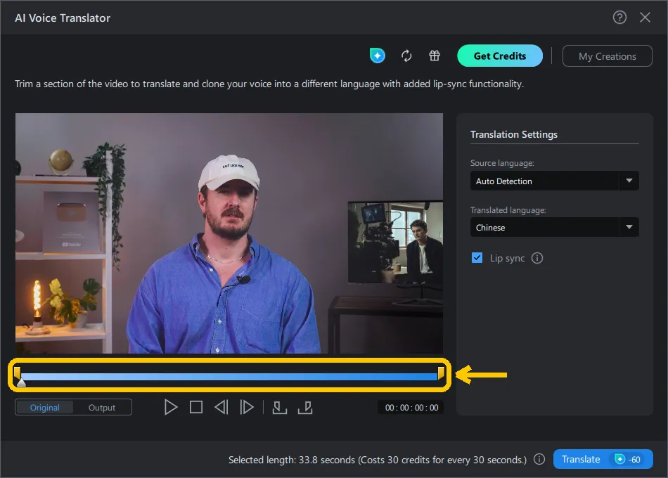 The AI Voice Translator dialog with the trim bar and its two handles highlighted under the preview