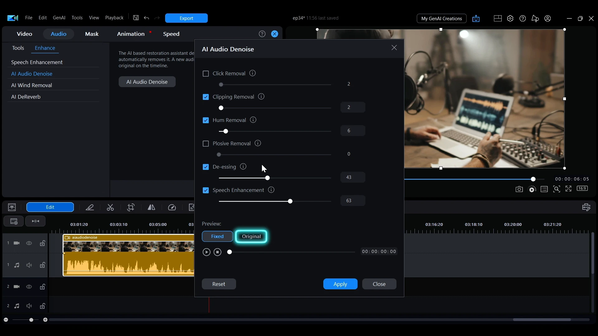 The AI Audio Denoise panel in PowerDirector with its sliders and a preview switch between Fixed and Original.