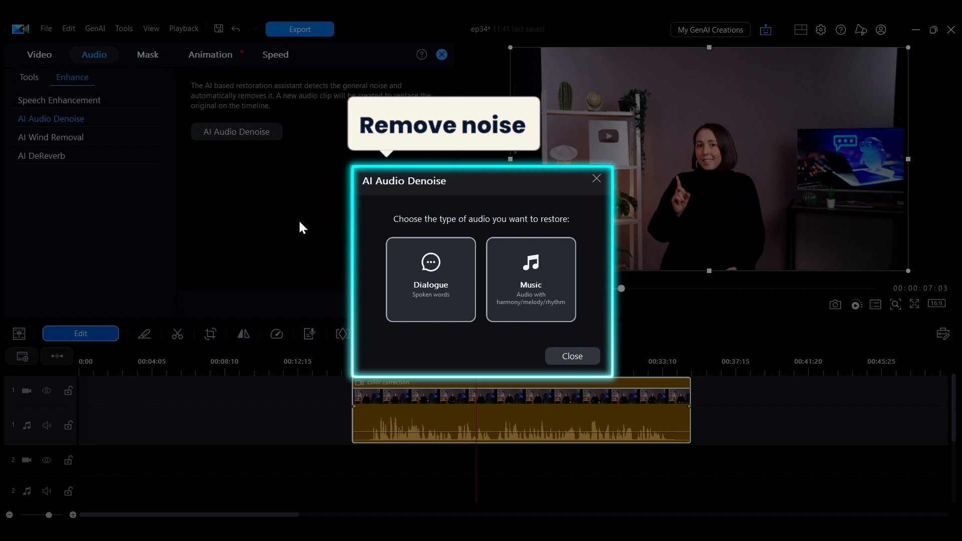 The AI Audio Denoise dialog in PowerDirector asking whether the clip is dialogue or music, under a callout reading remove noise.