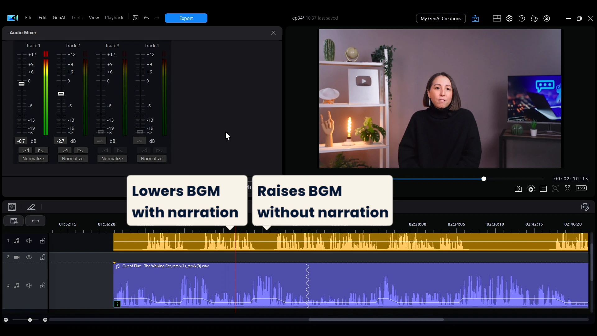 A music waveform in the PowerDirector timeline with callouts reading lowers BGM with narration and raises BGM without narration.