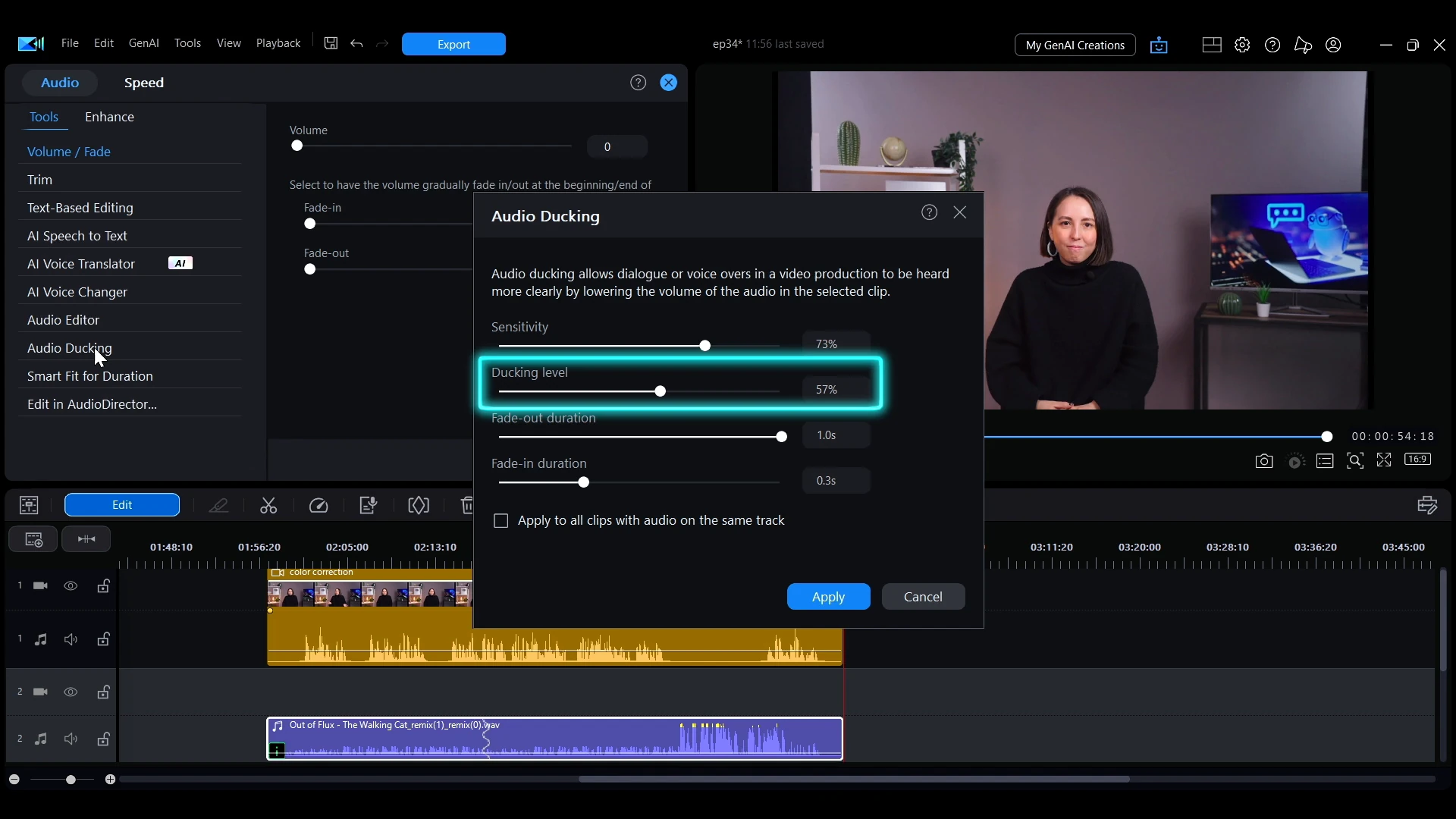 The Audio Ducking panel in PowerDirector with the Sensitivity, Ducking level, Fade-out duration and Fade-in duration sliders.