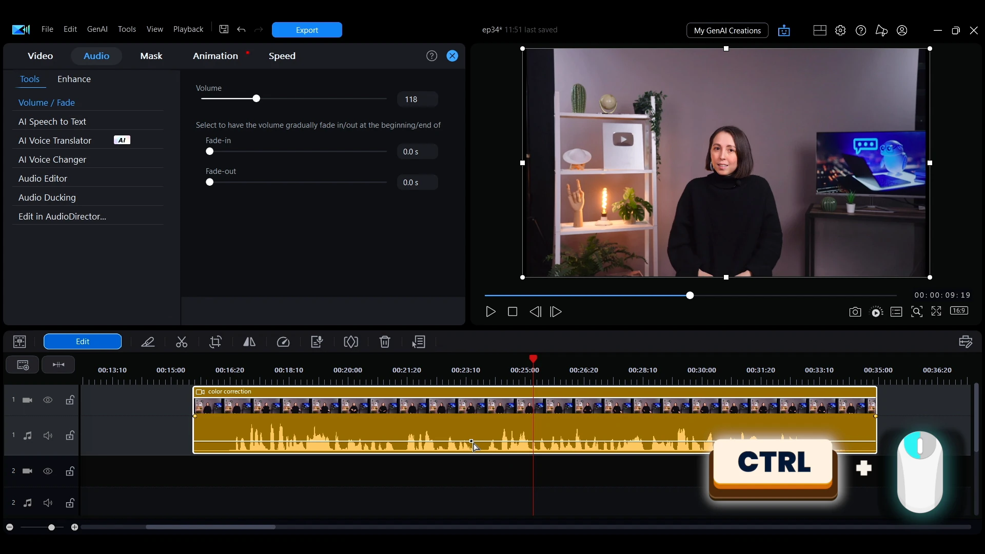 A callout in PowerDirector showing the Ctrl key held with the mouse while adding keyframes to an audio clip's volume line.
