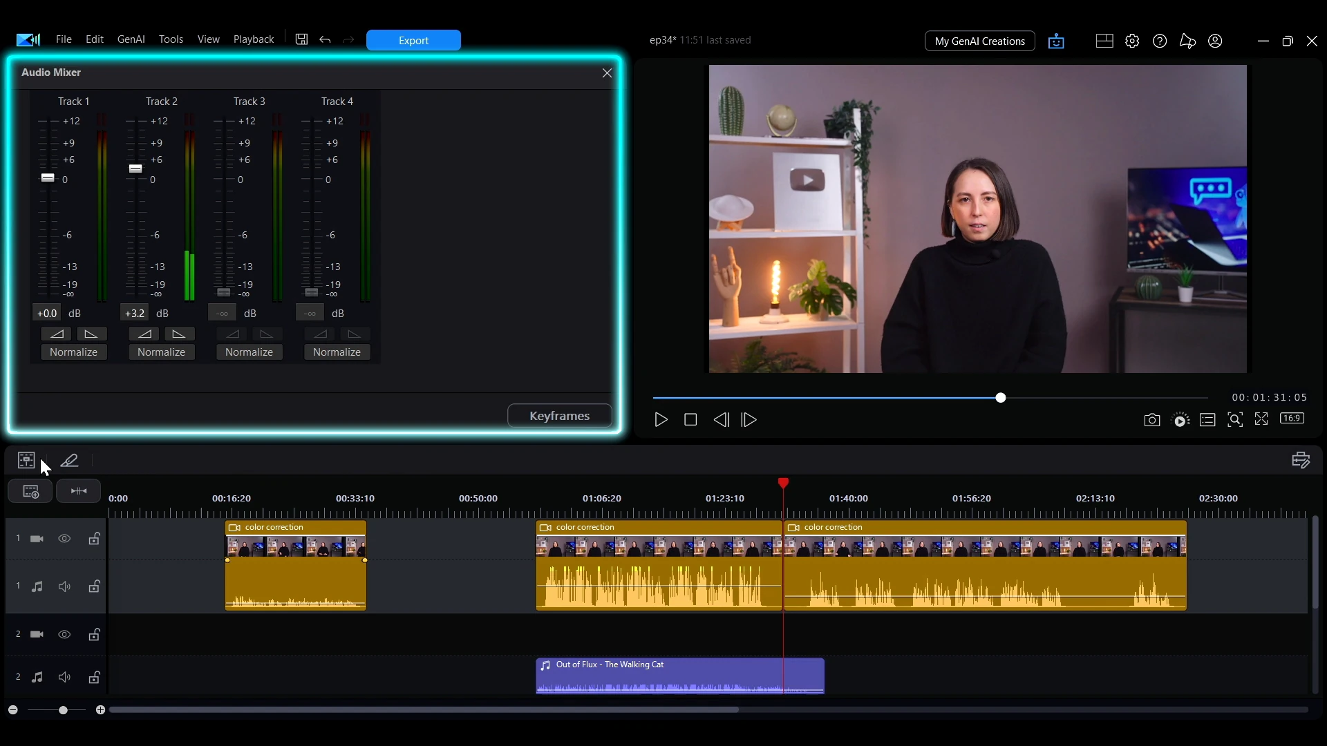 The Audio Mixer open in PowerDirector with a volume strip for each track.