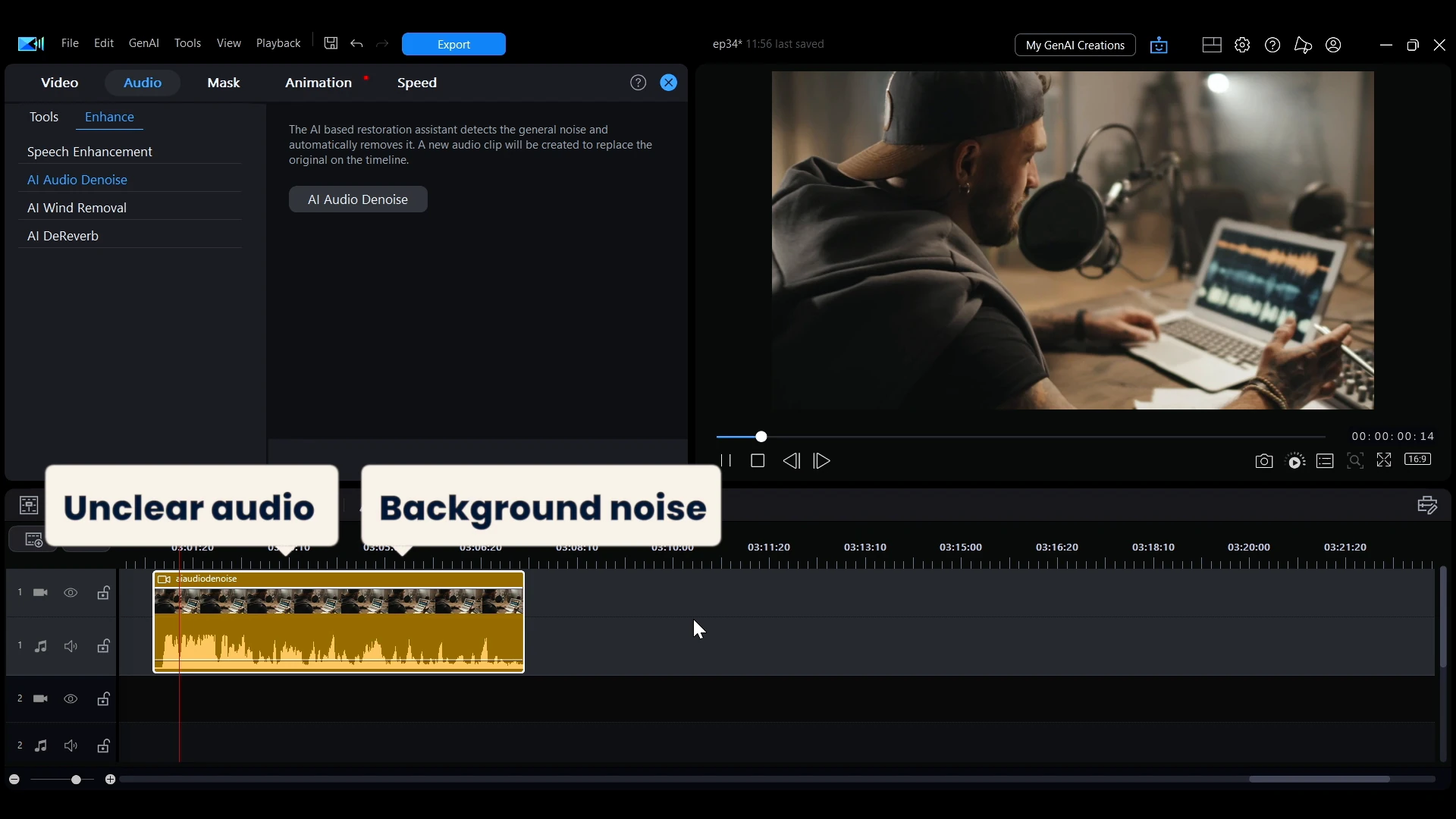 A PowerDirector preview of a person recording at a desk, with callouts reading unclear audio and background noise.