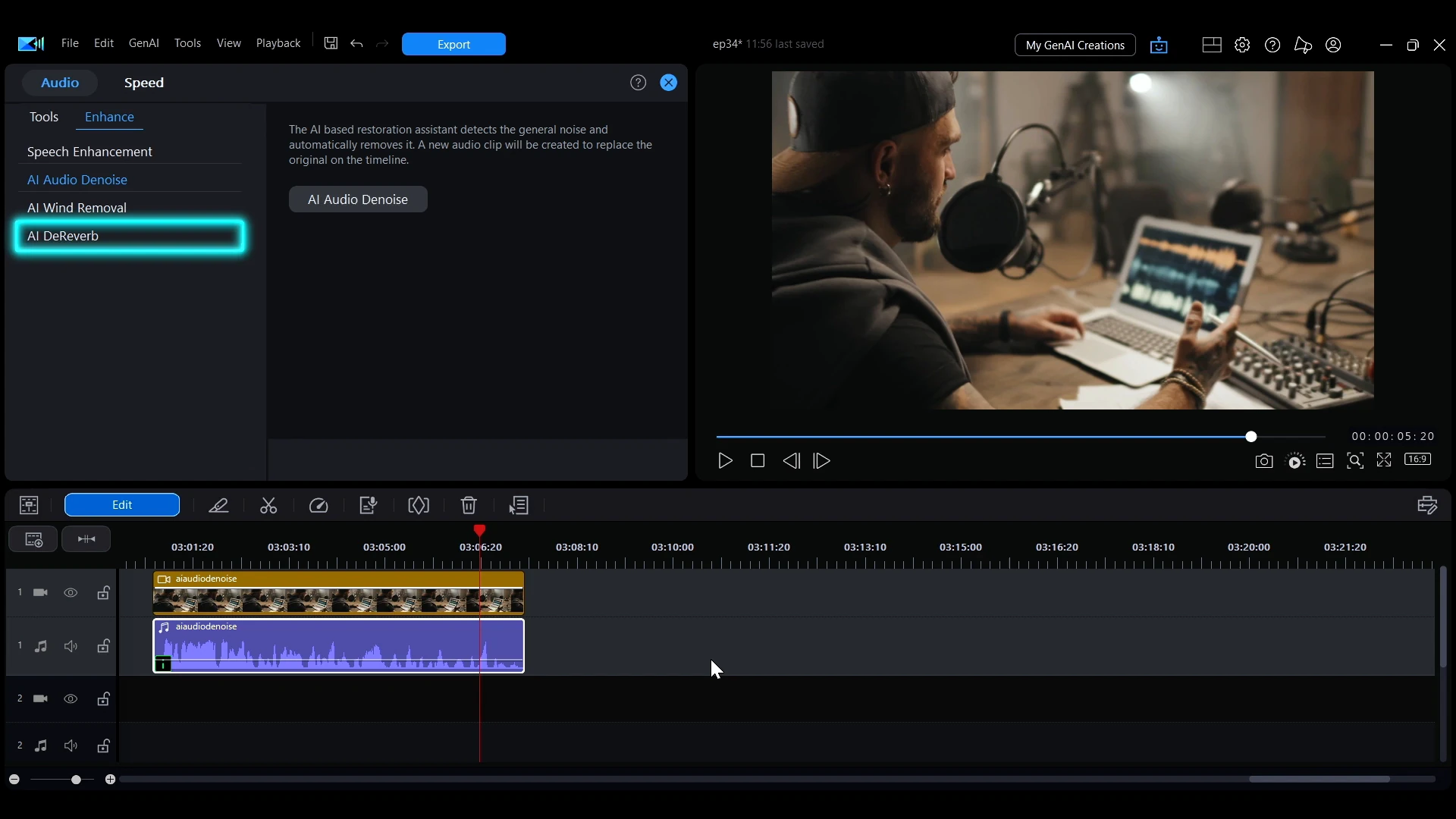 The Enhance section of the Audio tab in PowerDirector listing Speech Enhancement, AI Audio Denoise, AI Wind Removal and AI DeReverb.