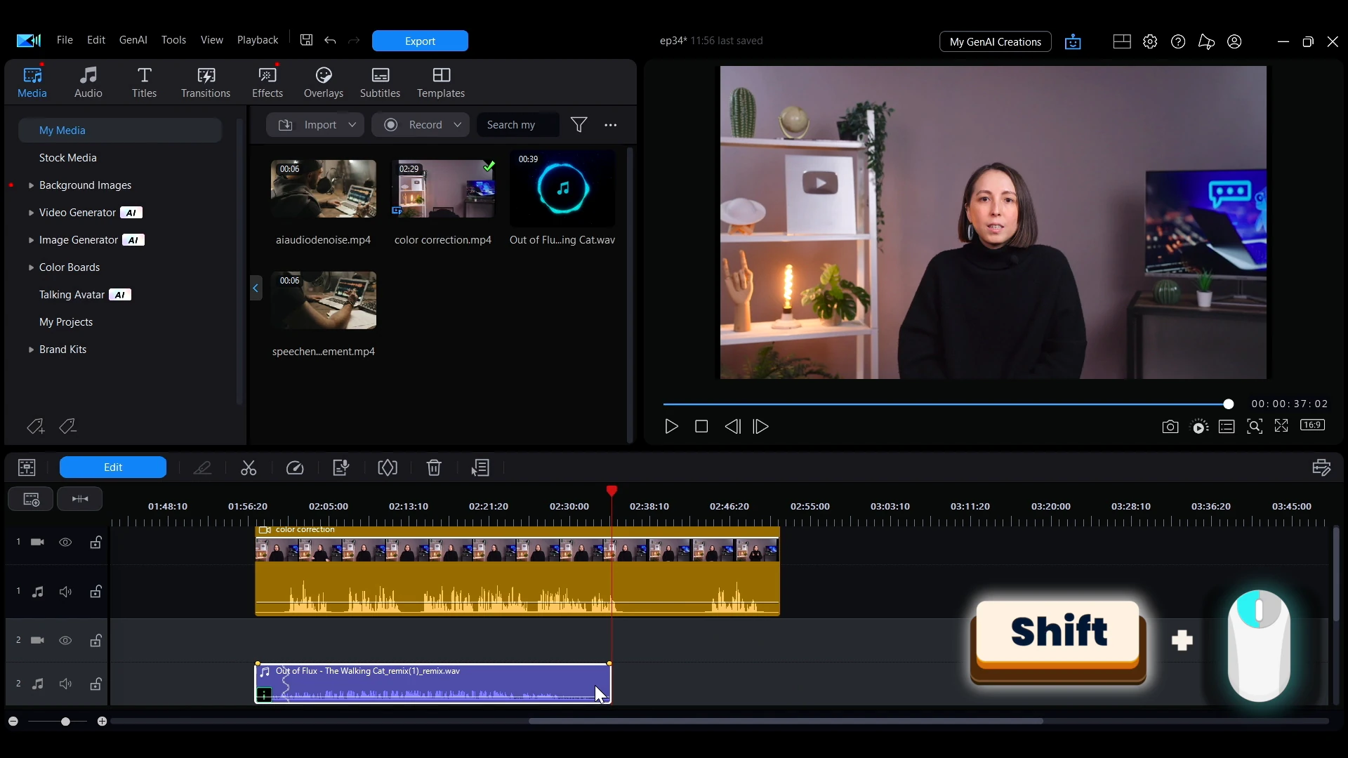 A callout in PowerDirector showing the Shift key held with the mouse while dragging the edge of a music clip.