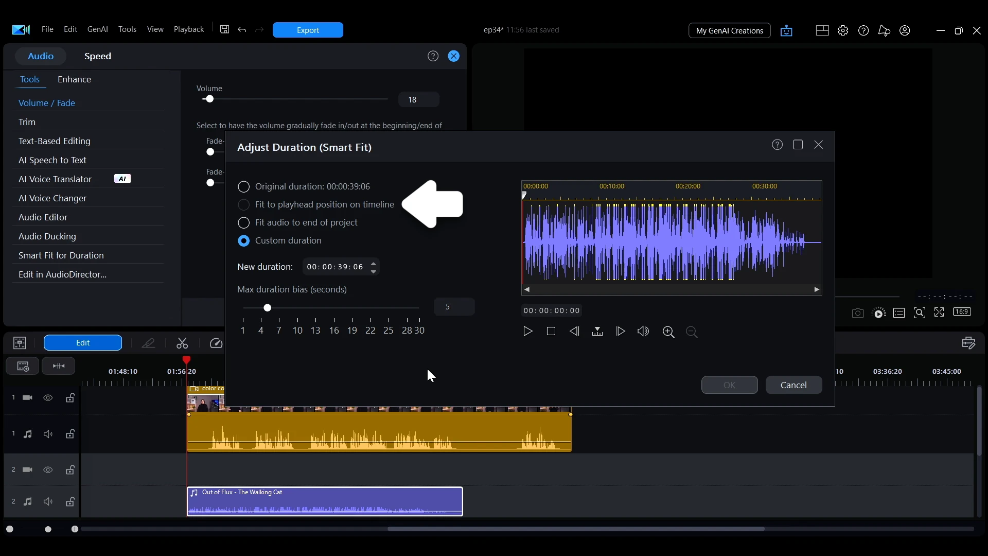The Adjust Duration dialog for Smart Fit in PowerDirector, offering the playhead position, the end of the project or a custom length.