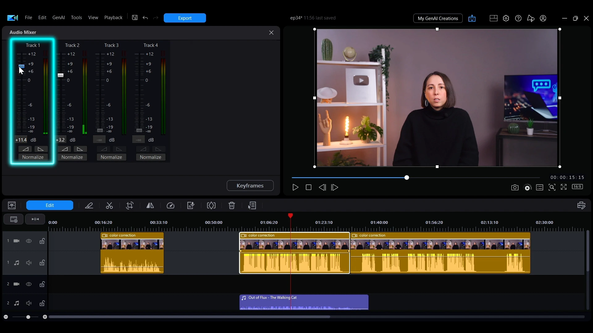 A single track's volume slider highlighted in the PowerDirector Audio Mixer.