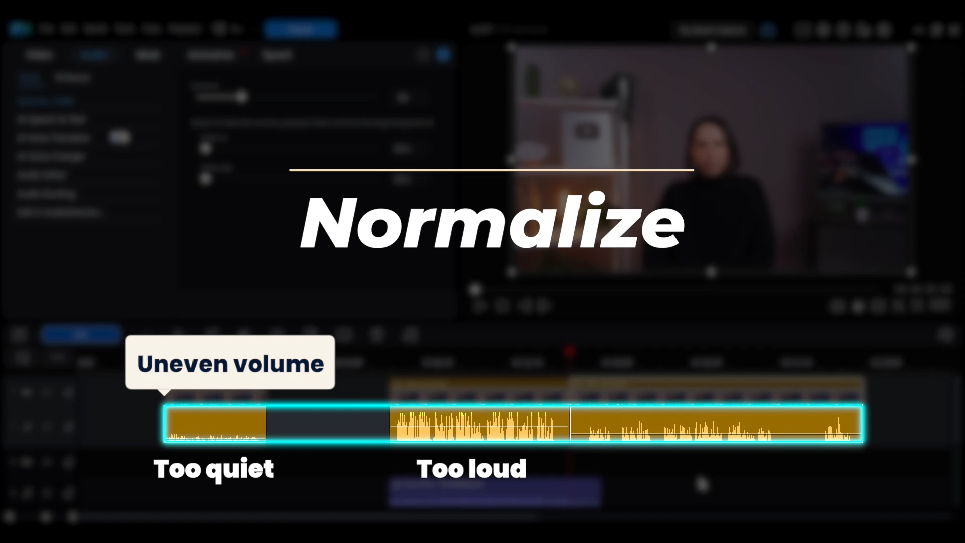 A PowerDirector title card reading Normalize, over two audio clips labeled too quiet and too loud.
