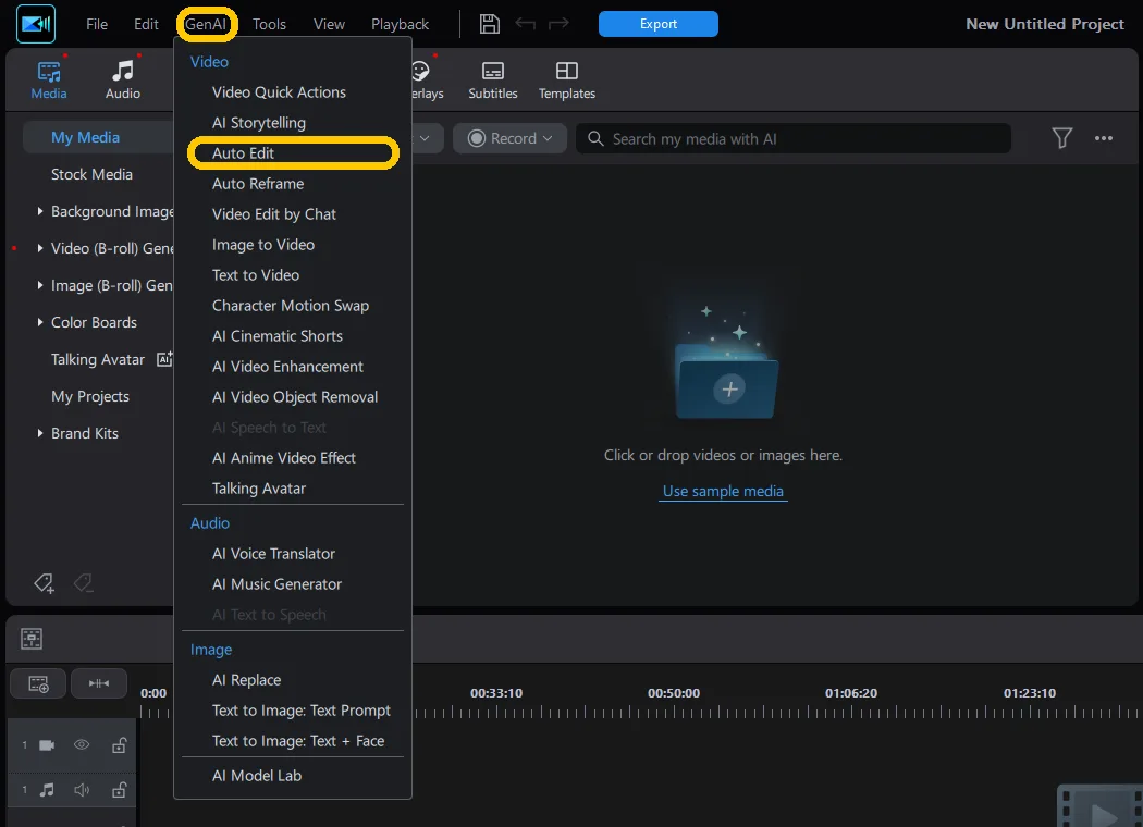 The GenAI menu open in PowerDirector, with Auto Edit highlighted in the Video section.