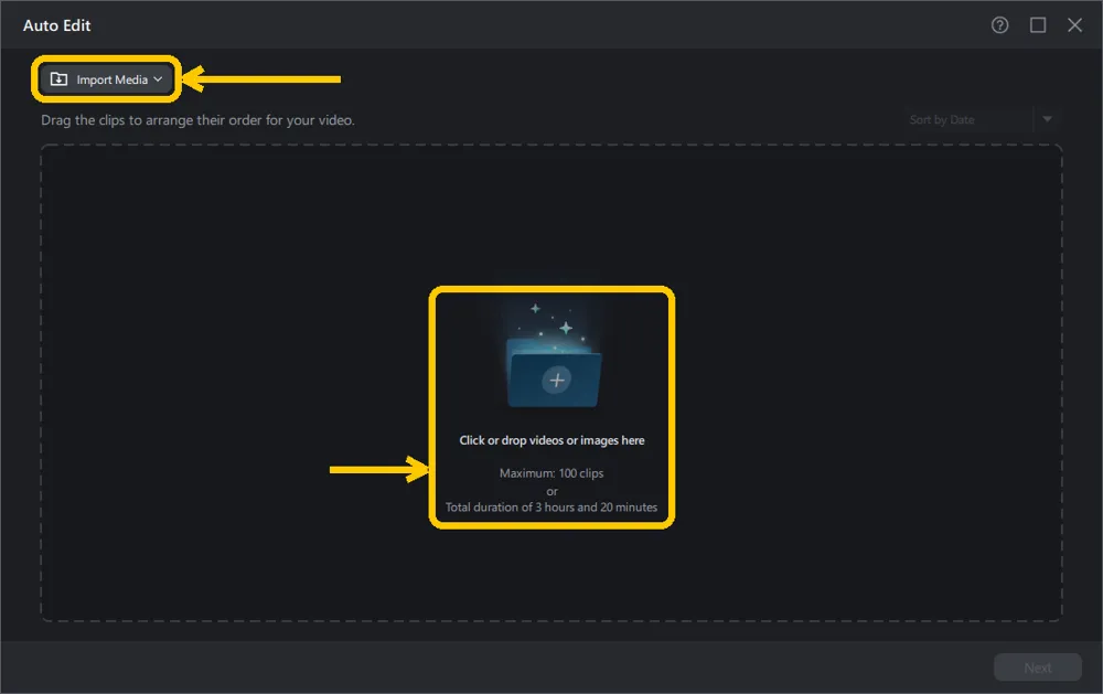 Empty Auto Edit window with the Import Media button and the drag and drop area highlighted
