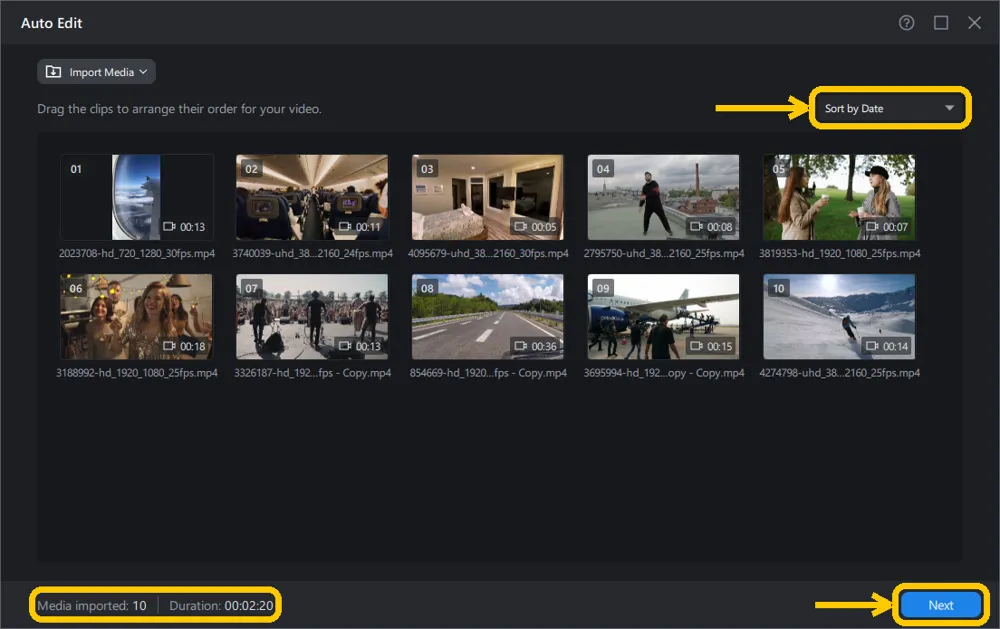 Auto Edit with ten imported clips, the Sort by Date menu, the media count in the footer and the Next button all highlighted