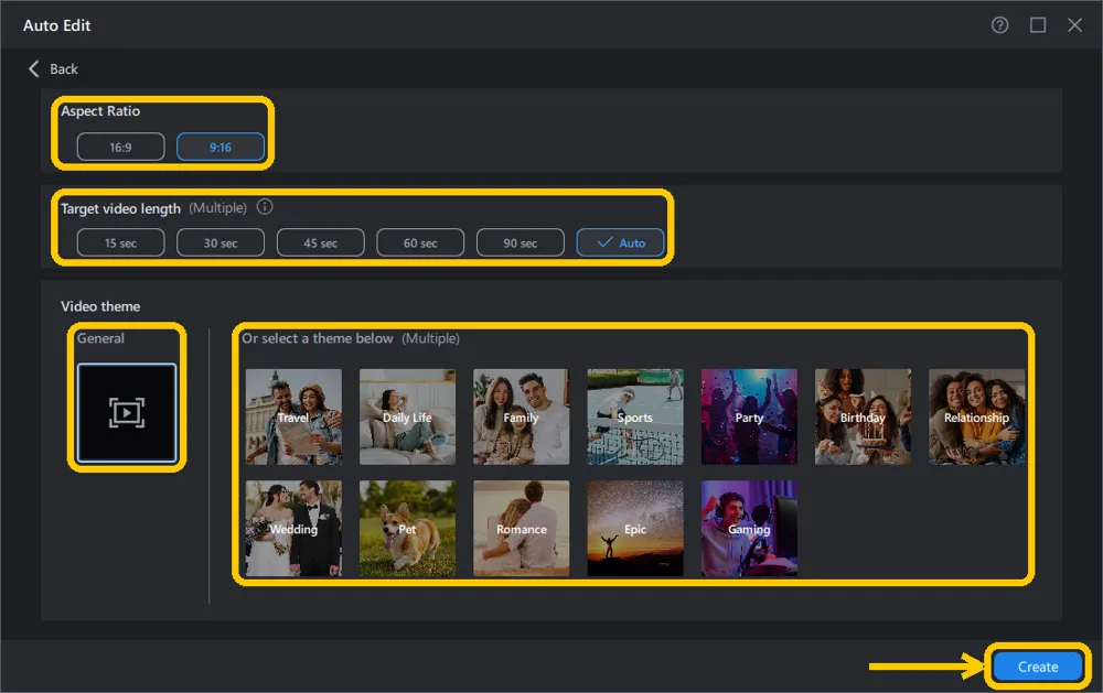 Auto Edit settings screen with Aspect Ratio, Target video length, the General theme card, the twelve video themes and the Create button all highlighted