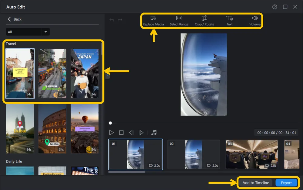Auto Edit result screen with the template list, the per-clip tool row and the Add to Timeline and Export buttons highlighted
