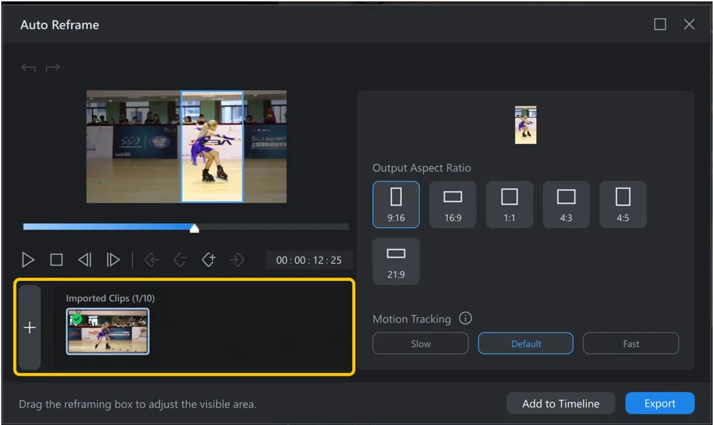 The Imported Clips panel at the bottom of the Auto Reframe window, showing one clip loaded and the counter reading 1 of 10.