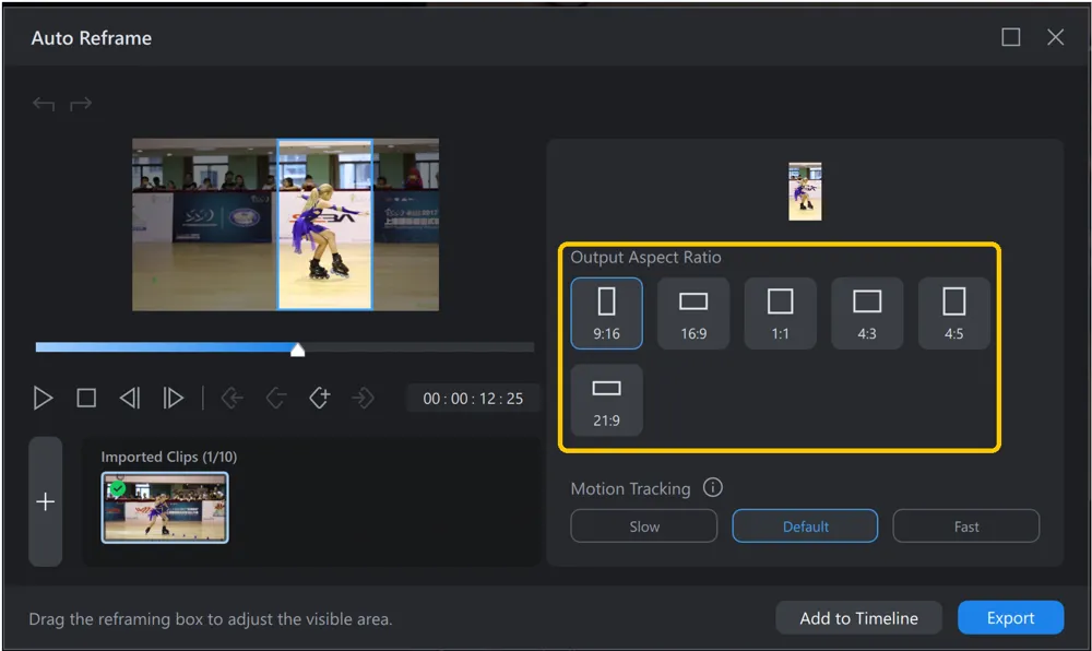 The Output Aspect Ratio section of the Auto Reframe window, offering 9:16, 16:9, 1:1, 4:3, 4:5 and 21:9.