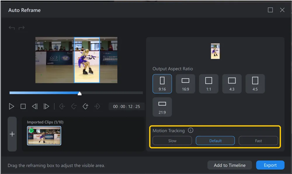 The Motion Tracking section of the Auto Reframe window, with Slow, Default and Fast settings and Default selected.