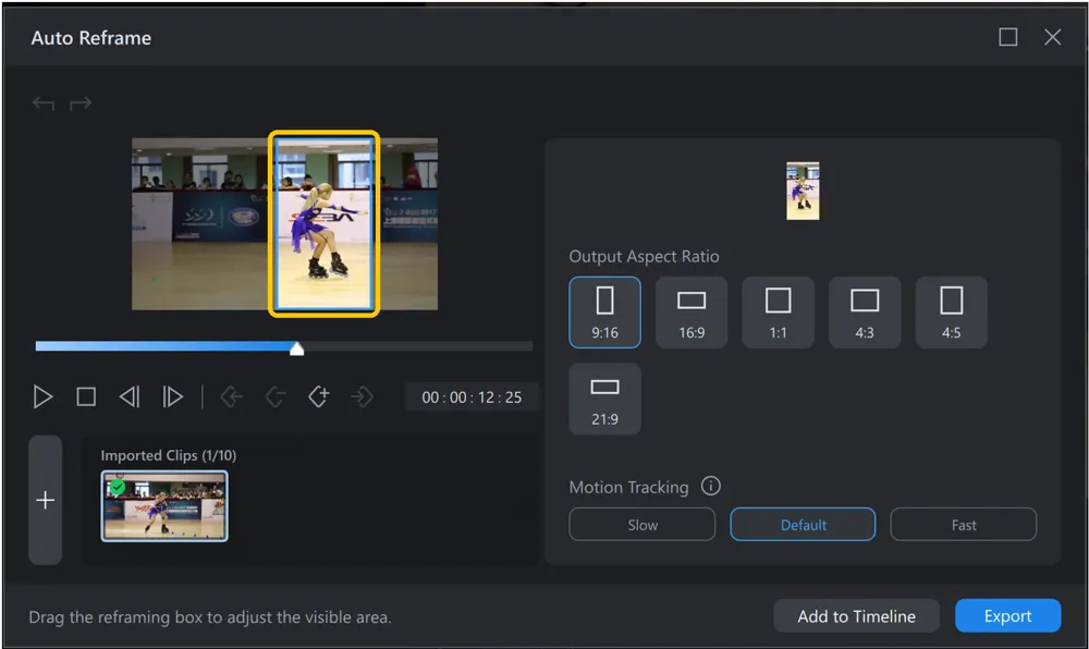 The preview in the Auto Reframe window, with the blue reframing box around the skater marking the part of the frame that will be kept.