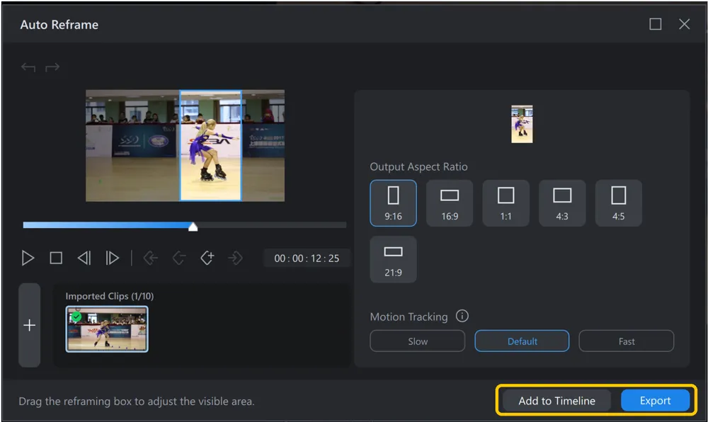 The bottom of the Auto Reframe window, showing the Add to Timeline and Export buttons.