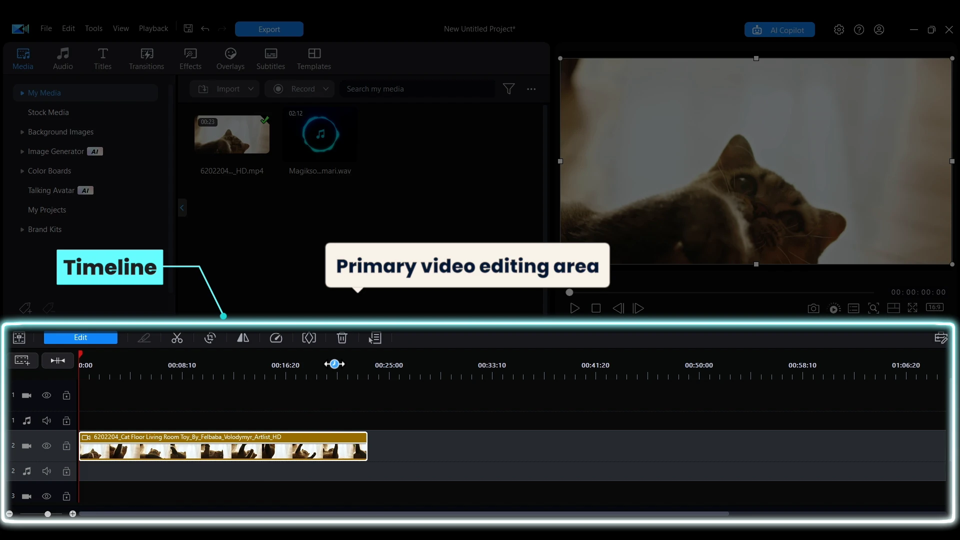 A clip added to the timeline, with the Timeline and the Primary video editing area labeled