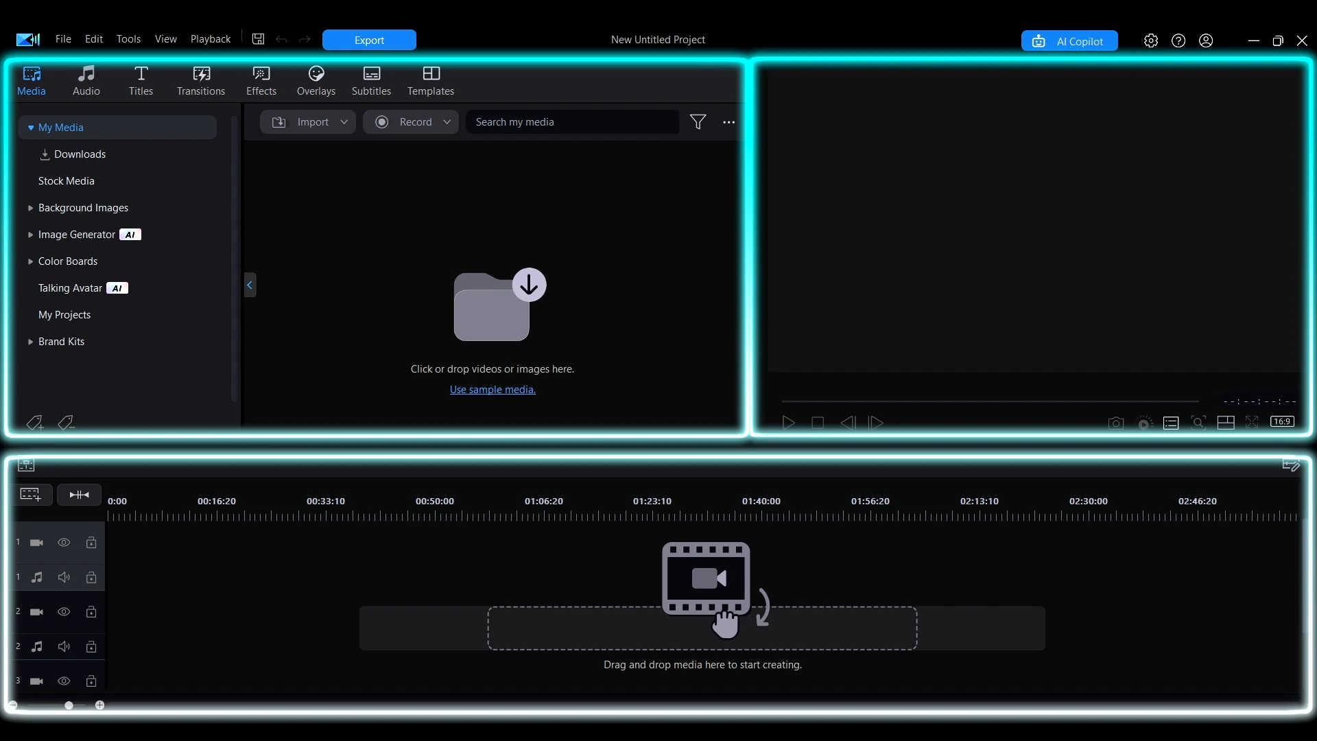 PowerDirector editing window with the Preview, Media Library, and Timeline areas highlighted