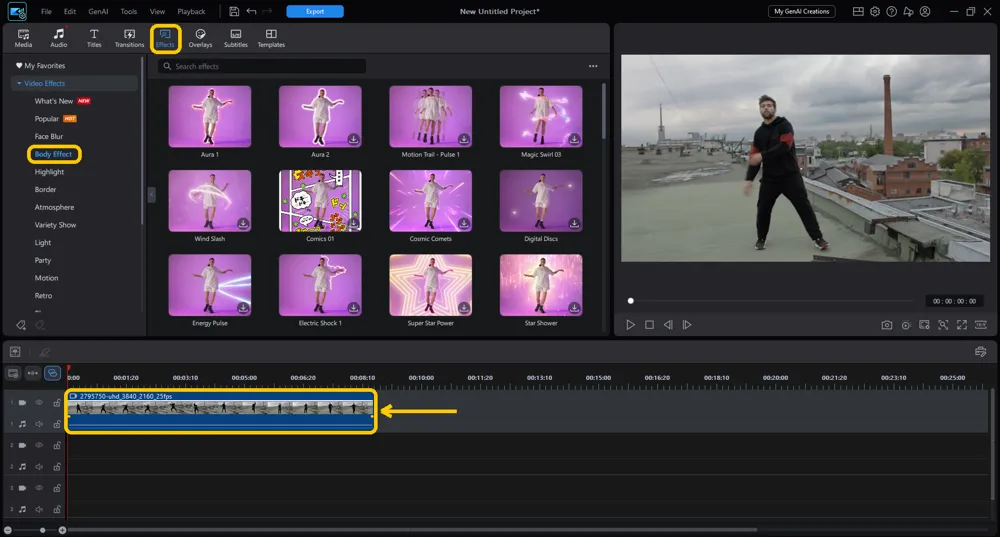 The Effects room with the Body Effect category selected and a clip on the first video track highlighted
