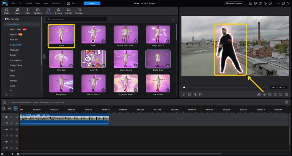 The Aura 1 tile selected and the preview window showing a glowing outline around the dancer