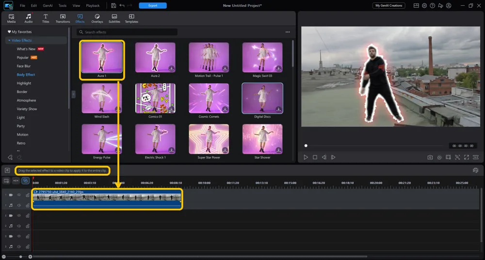 The Aura 1 tile with an arrow down to the clip on the timeline and the hint about dragging highlighted