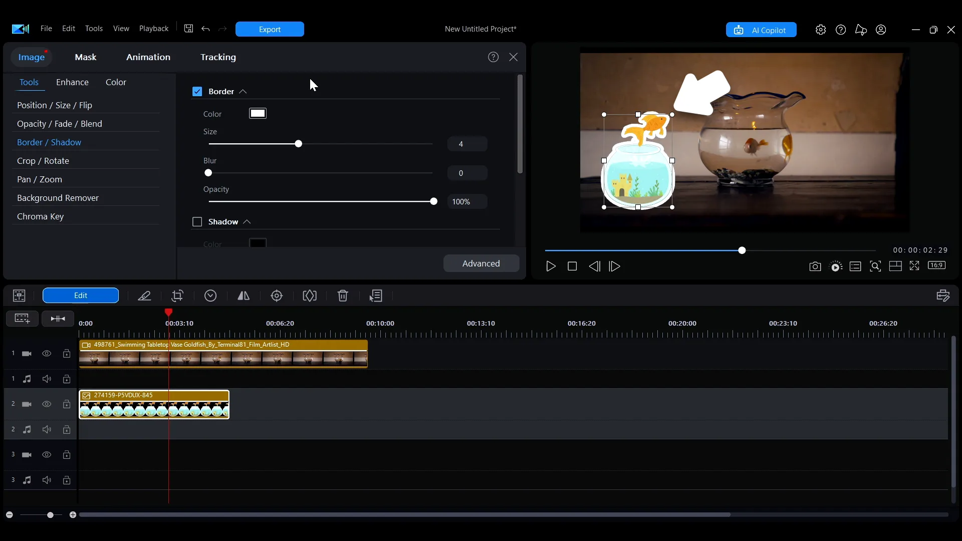 A clip on the preview with a border applied after ticking the Border option