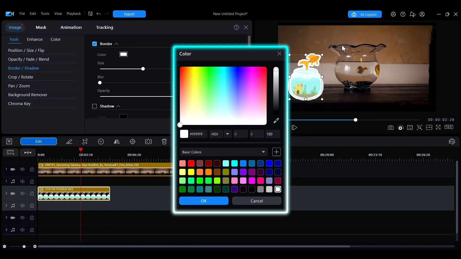 The PowerDirector Color window open, with the picker area and basic palette