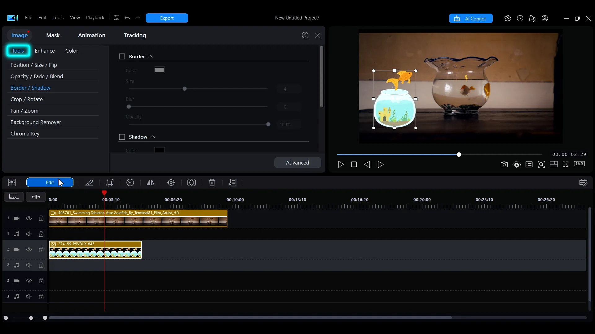 The PowerDirector Edit panel with Border / Shadow selected in the Tools list