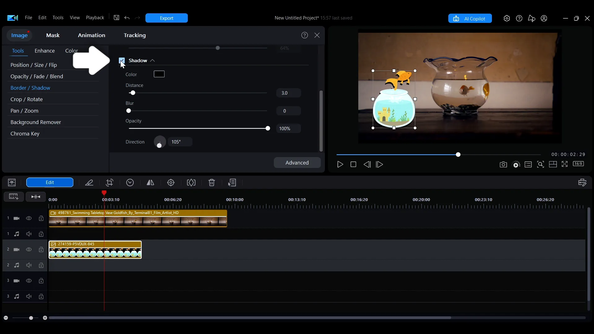 A clip with a shadow applied after ticking the Shadow option