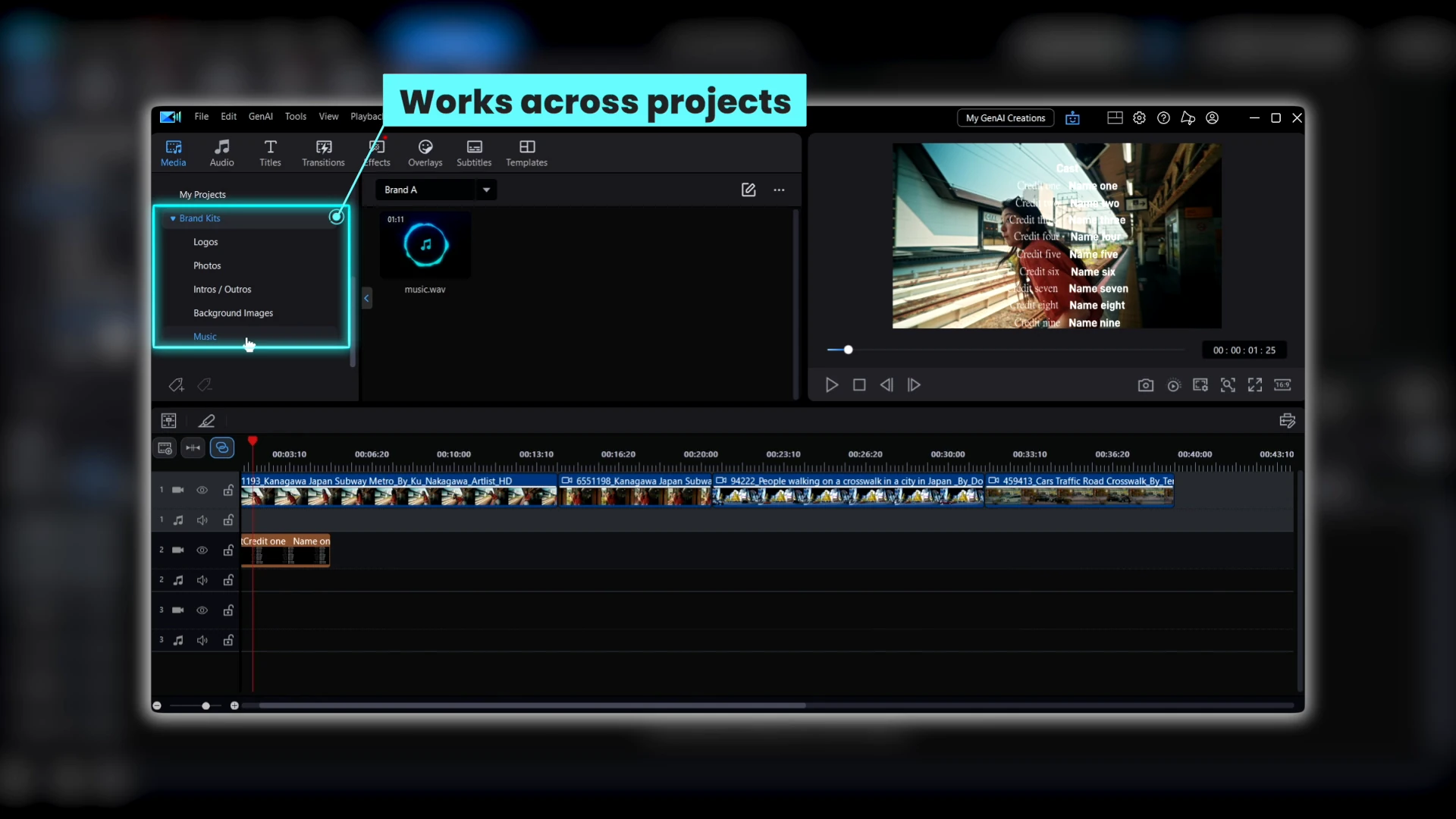 A callout in PowerDirector reading works across projects, beside the Brand Kits panel.