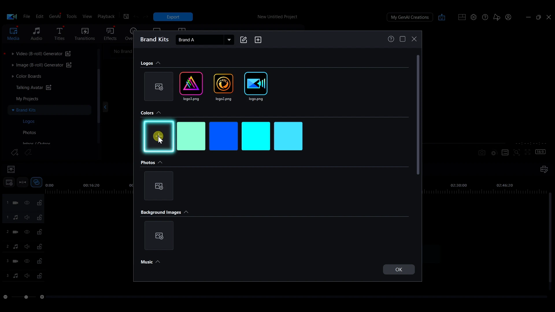 The plus tile in the color palette of the PowerDirector Brand Kits window, used to add a color.