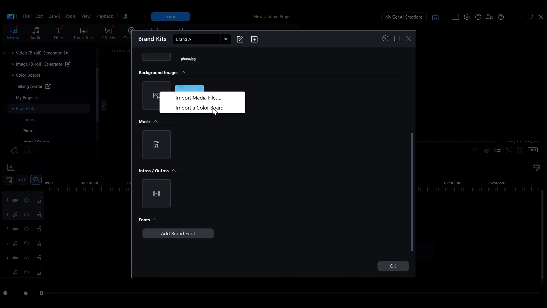 The background images section of the PowerDirector Brand Kits window with options to import media files or a color board.