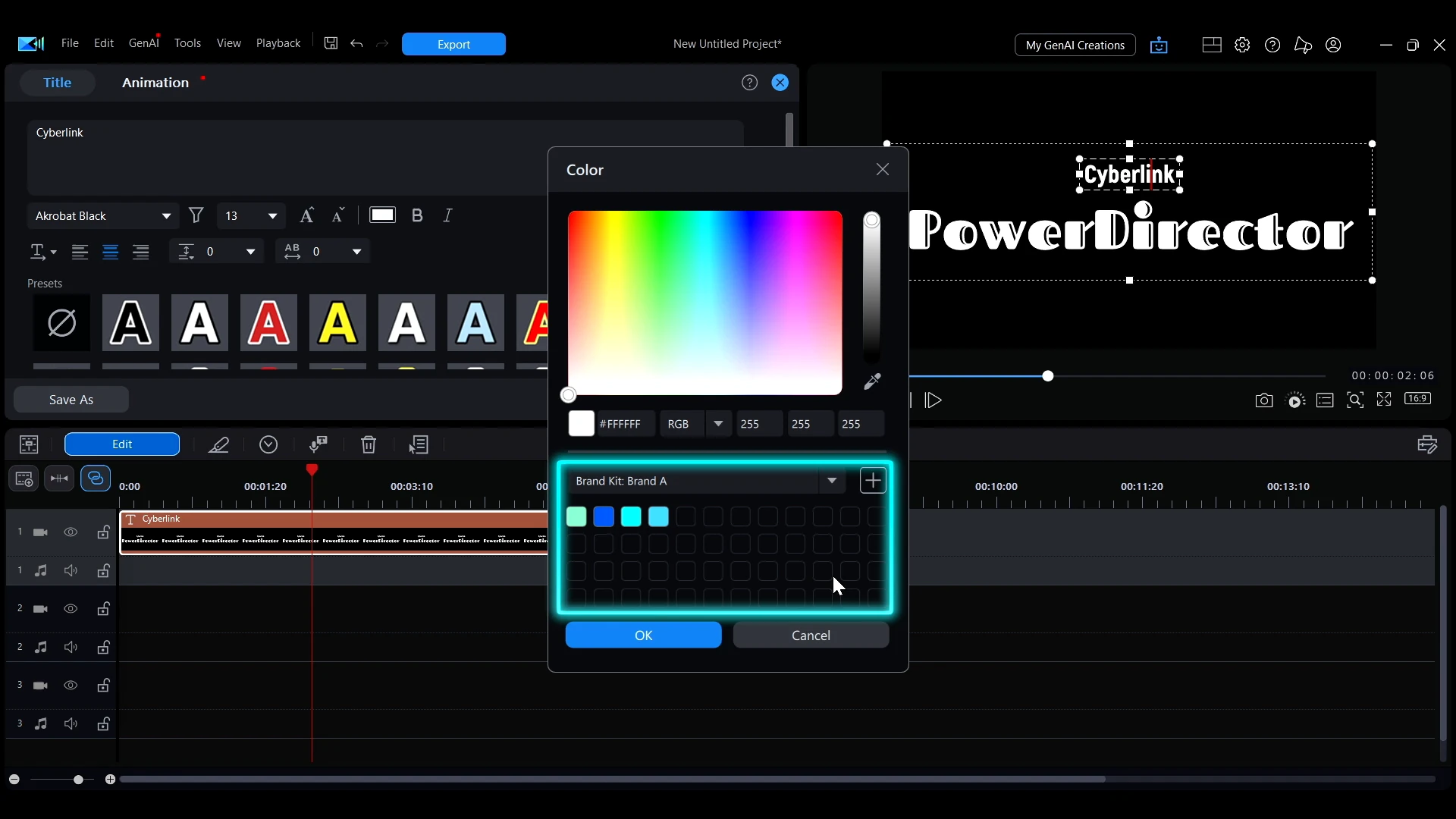 The PowerDirector color picker with Brand Kit: Brand A chosen in the dropdown and the kit's own swatches filling the grid.