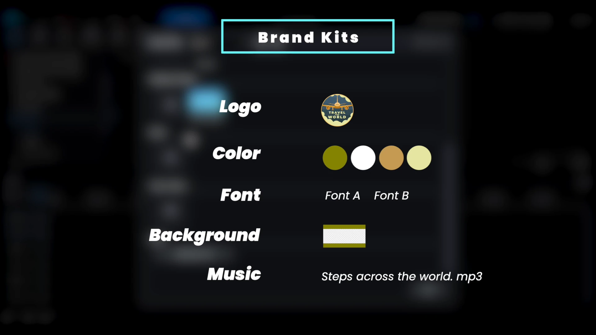 A card from the PowerDirector tutorial listing what a brand kit holds: logo, color, font, background and music.