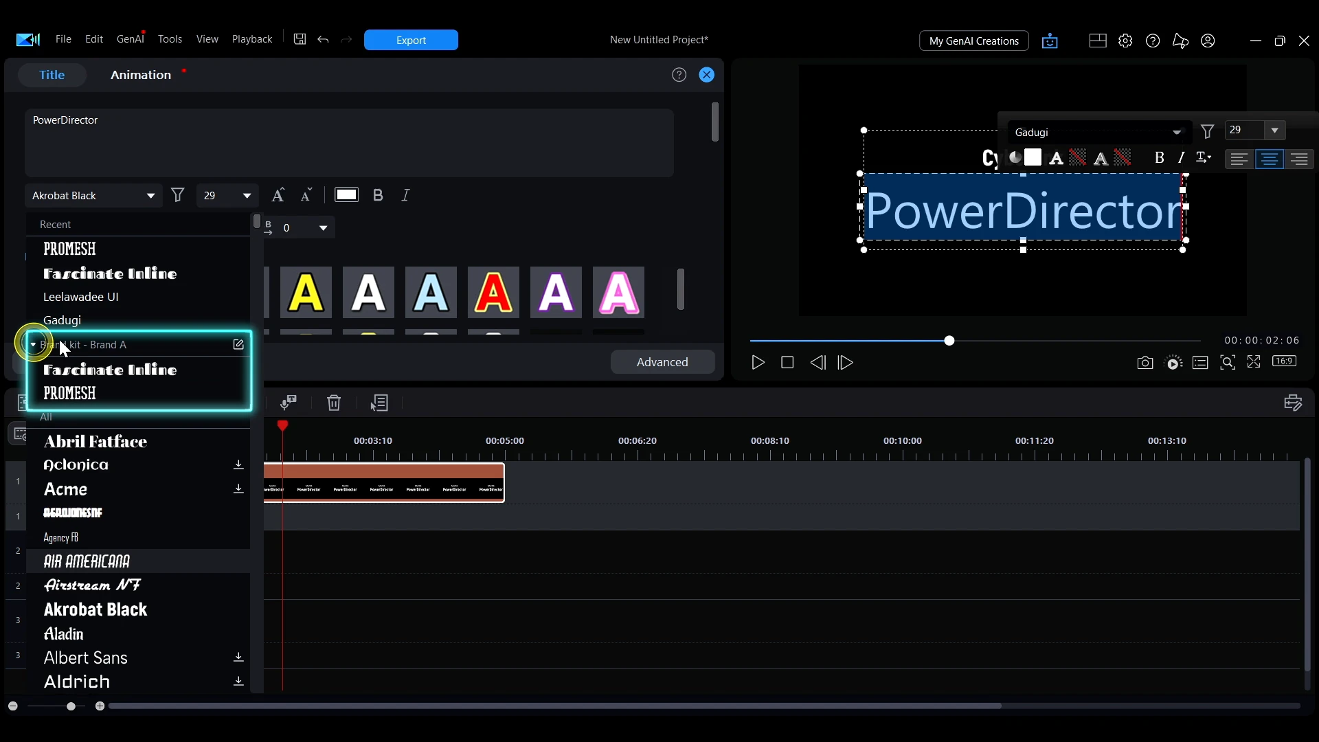 The font list in PowerDirector with a Brand kit section above the general alphabetical list, below a Recent section.