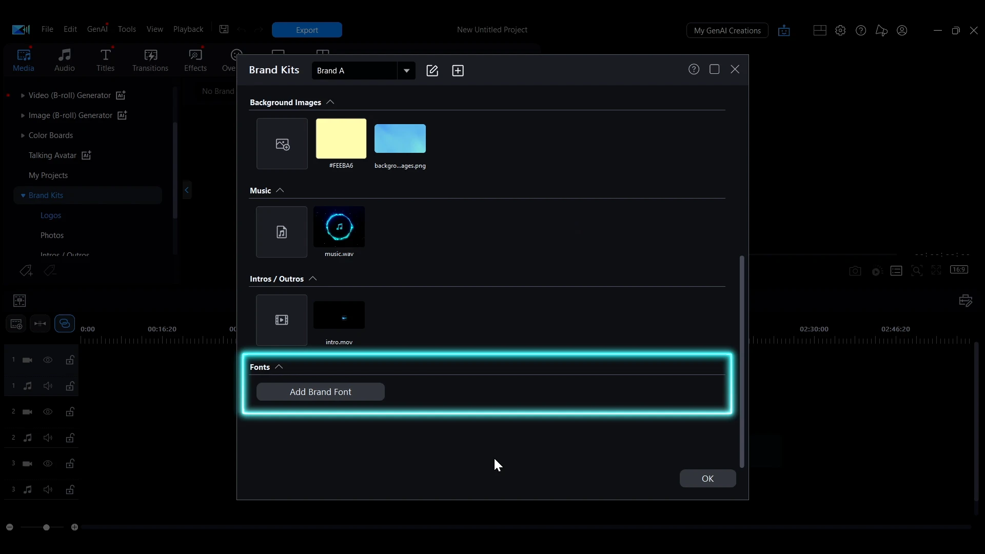The Add Brand Font option highlighted at the bottom of the PowerDirector Brand Kits window.
