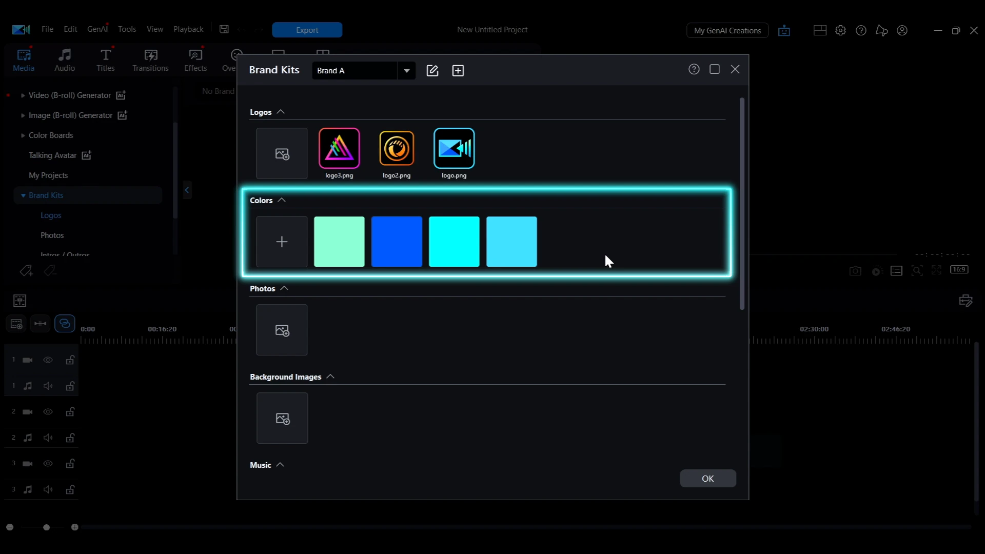 The Brand Kits window in PowerDirector with several logos imported and a generated color palette highlighted below them.