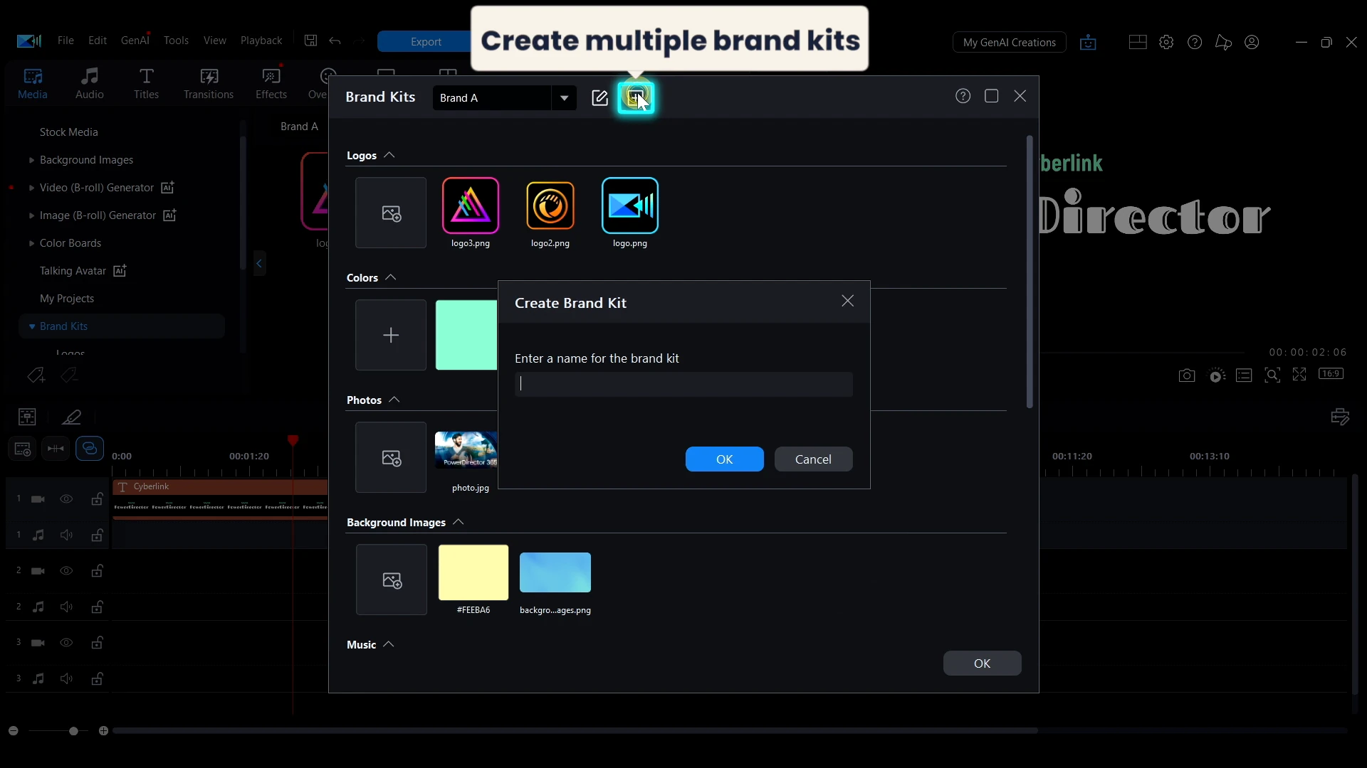 A callout in PowerDirector reading create multiple brand kits, beside the Create Brand Kit dialog.