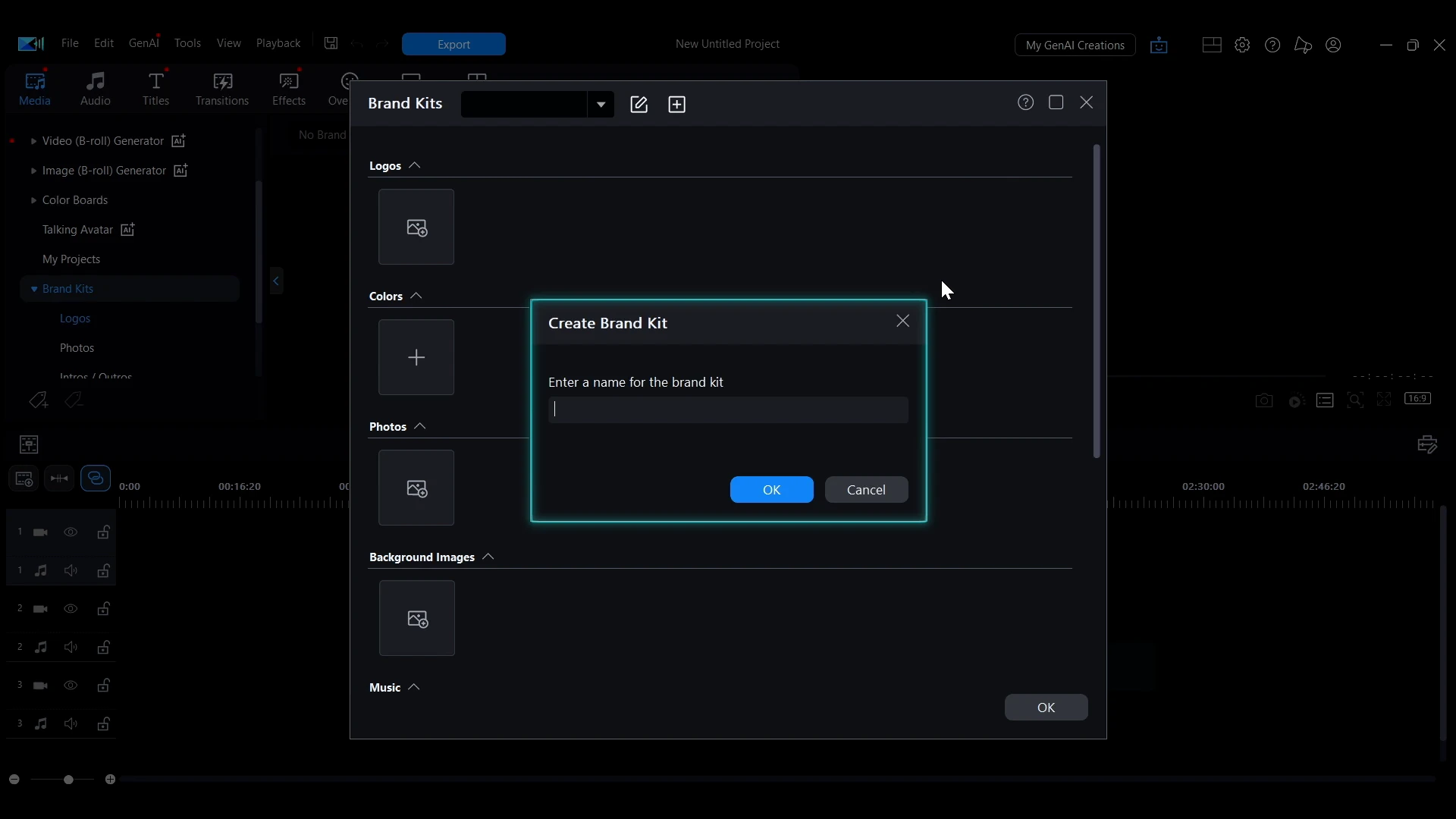 The Create Brand Kit dialog in PowerDirector asking for a name for the new kit.