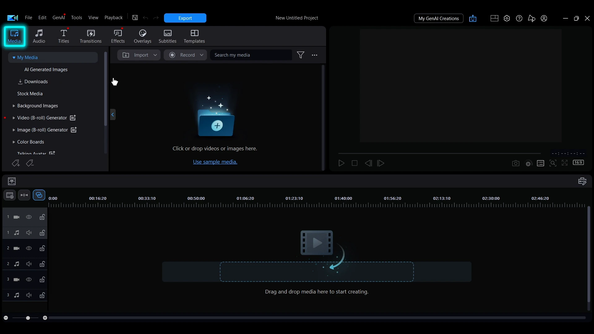 The Media tab highlighted in the PowerDirector toolbar, with the media sidebar below it.