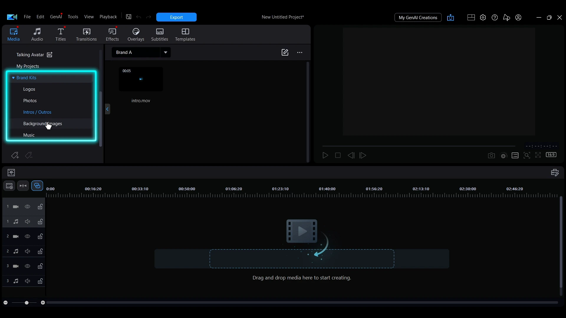 The Brand Kits panel in PowerDirector showing the imported assets grouped by category.