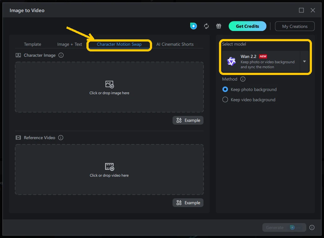 Image to Video window with the Character Motion Swap tab highlighted and the model card highlighted on the right