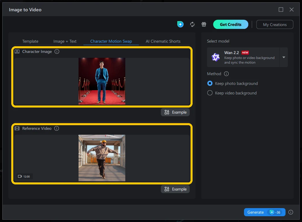 Character Motion Swap panel with the loaded Character Image and Reference Video areas both highlighted