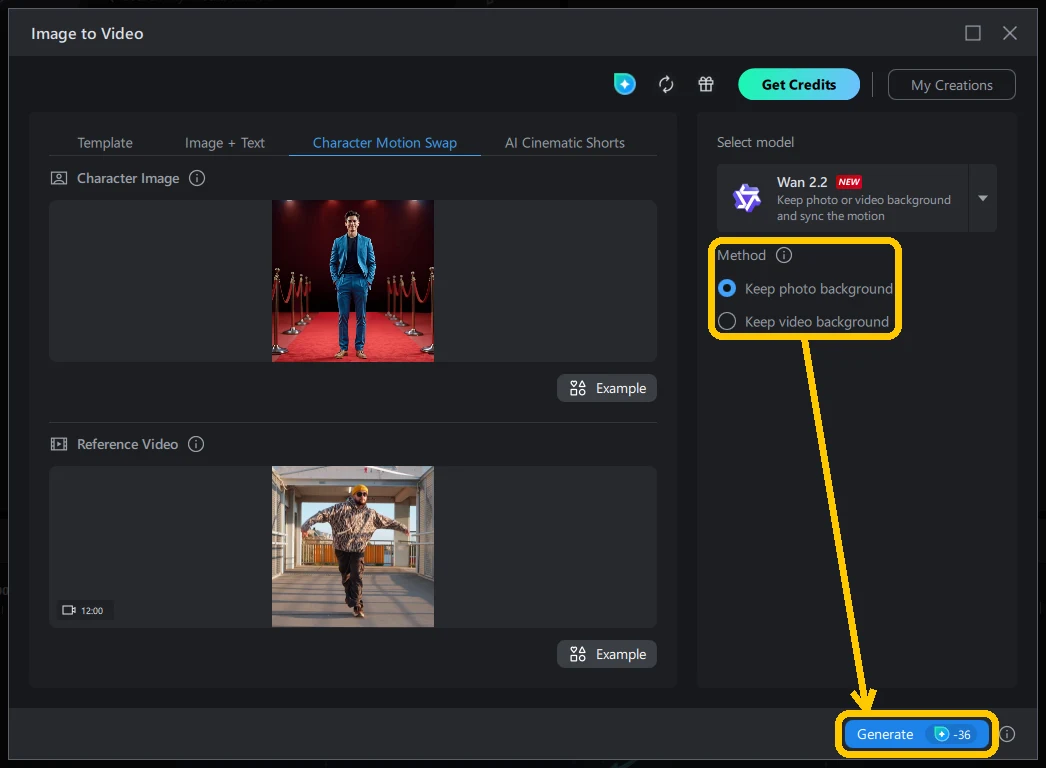Method options Keep photo background and Keep video background highlighted, with an arrow leading down to the highlighted Generate button