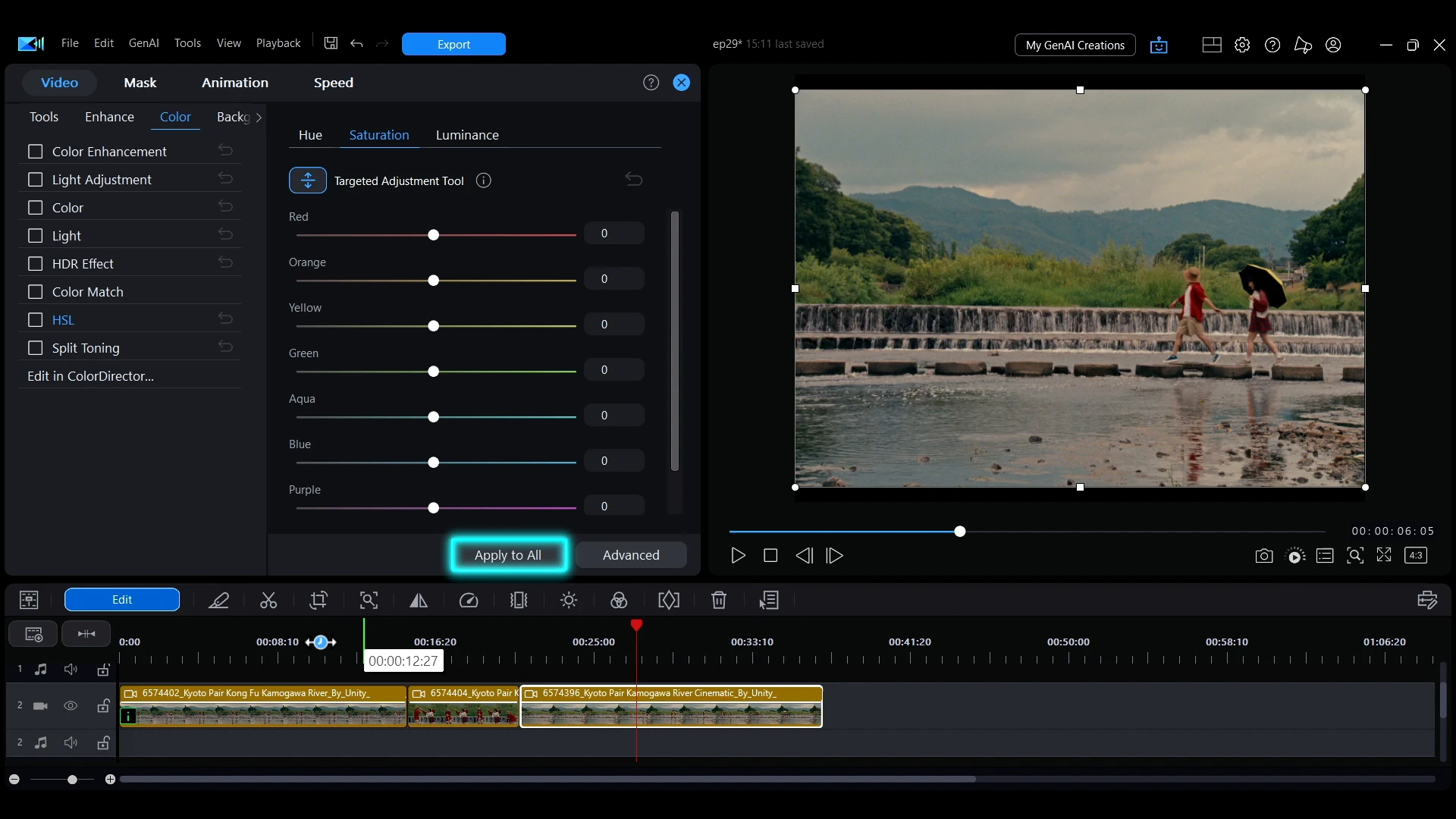 The Apply to All button at the bottom of the Color panel in PowerDirector.