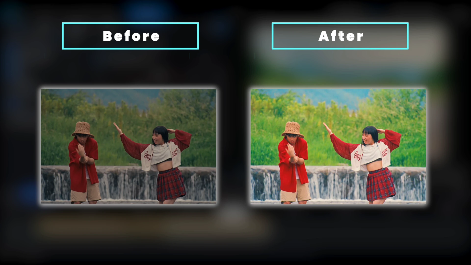 A before and after comparison of the same river scene in PowerDirector, the graded version showing warmer, deeper color.